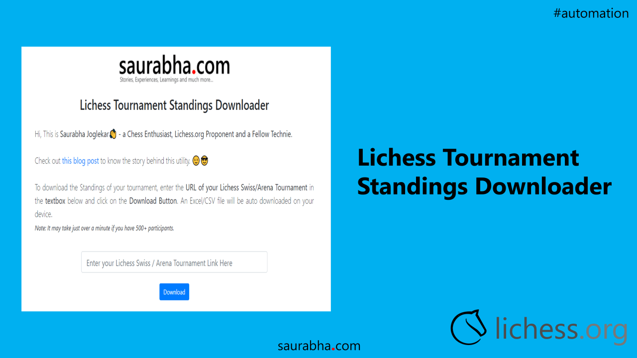 Lichess Tournament Standings Downloader - Saurabha Joglekar