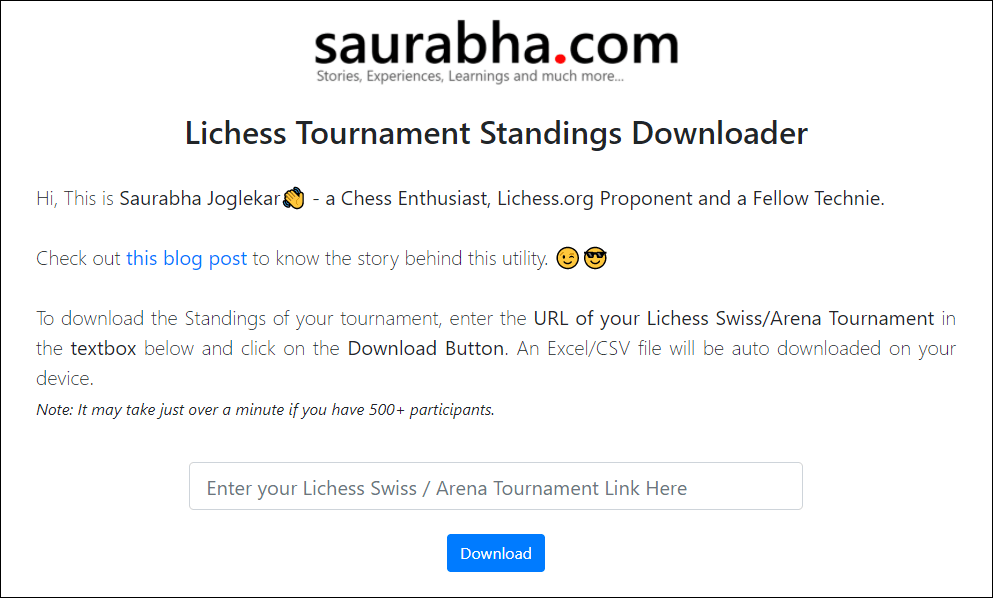 Lichess Tournament Standings Downloader - Saurabha Joglekar